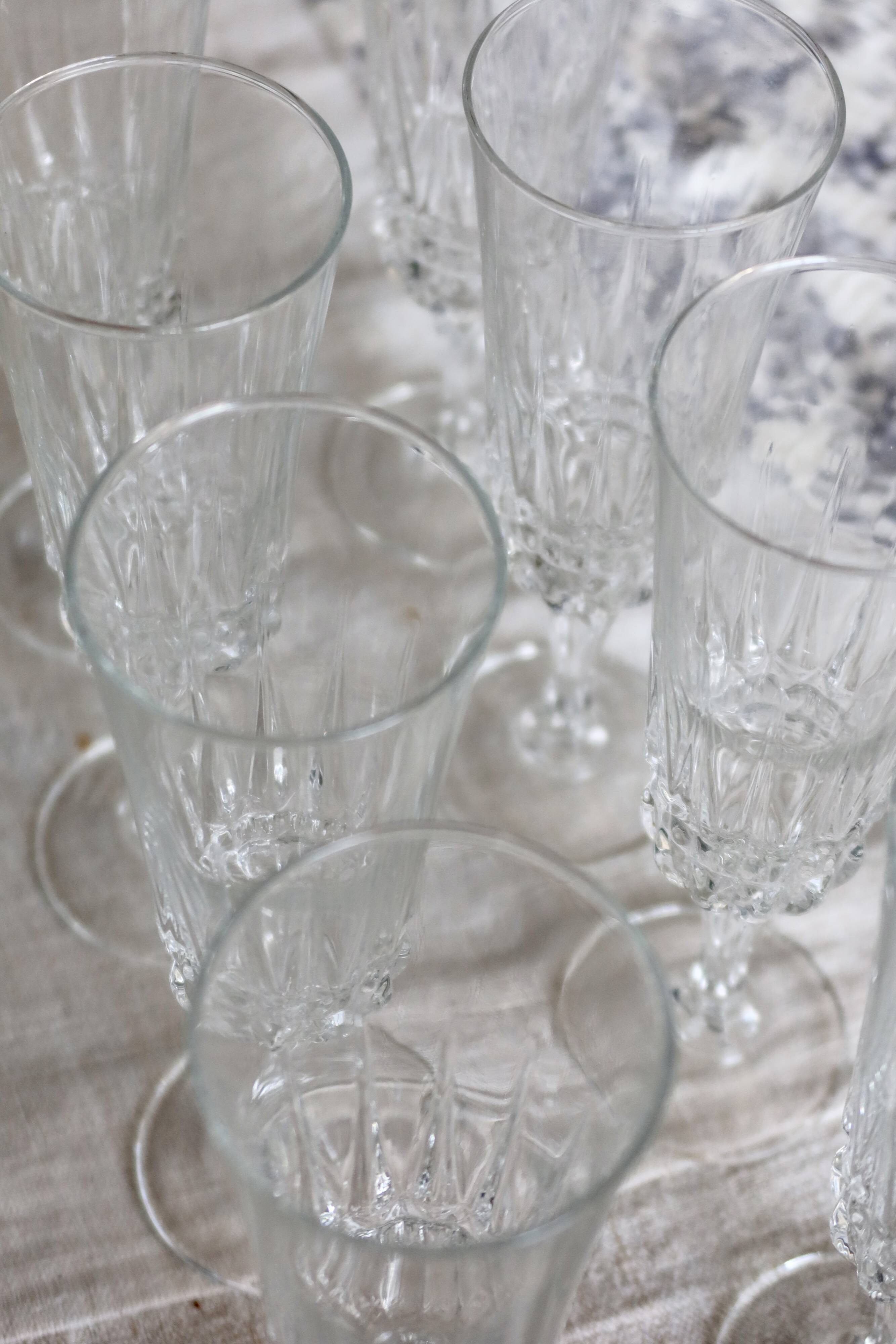 8 vintage pressed glass champagne glasses