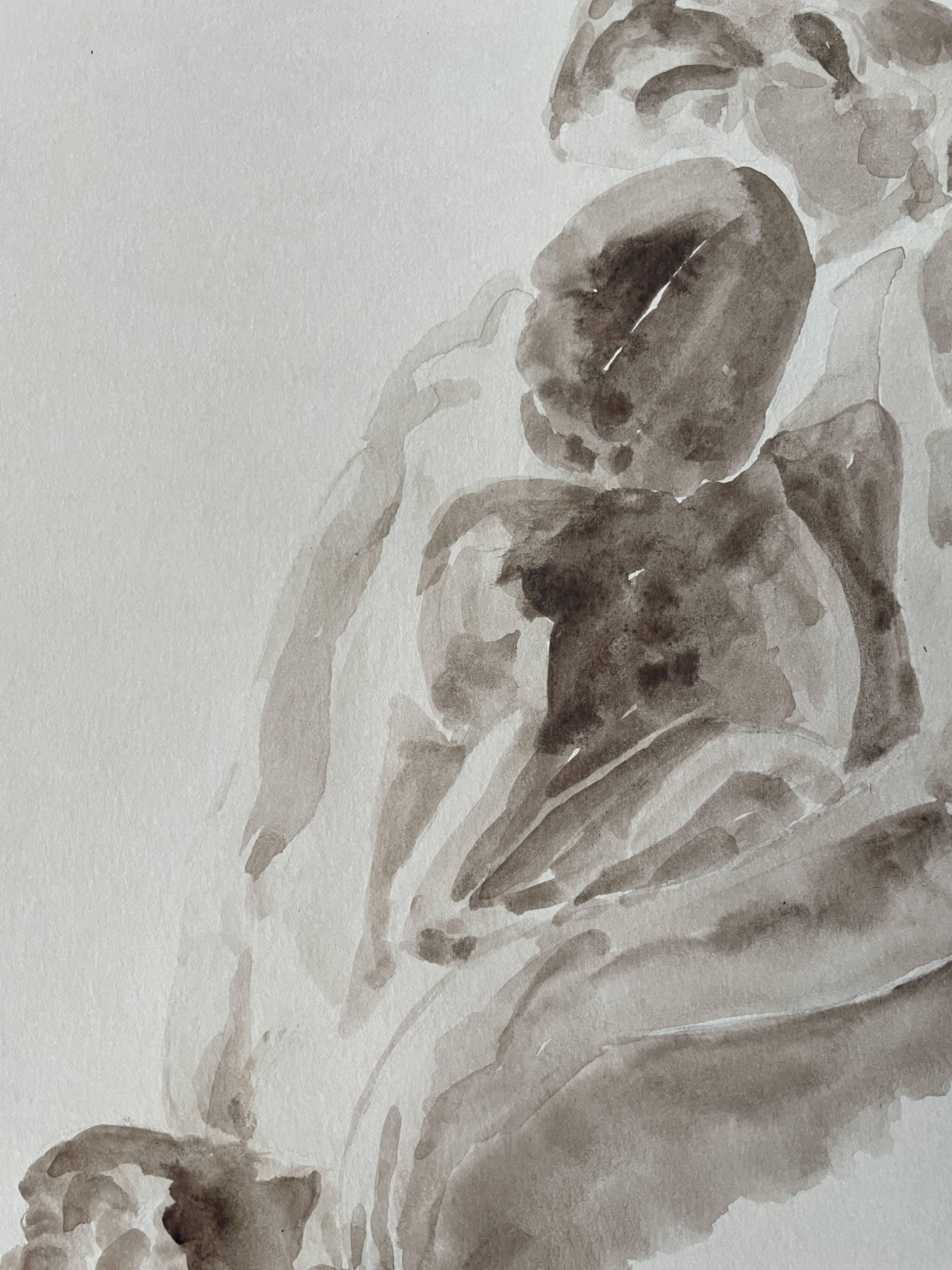 Painting signed sepia monochrome watercolor study of the statue “Rodin’s kiss”