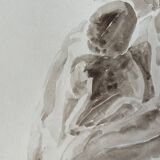 Tableau signé aquarelle monochrome sépia étude de la statue « le baiser de Rodin »