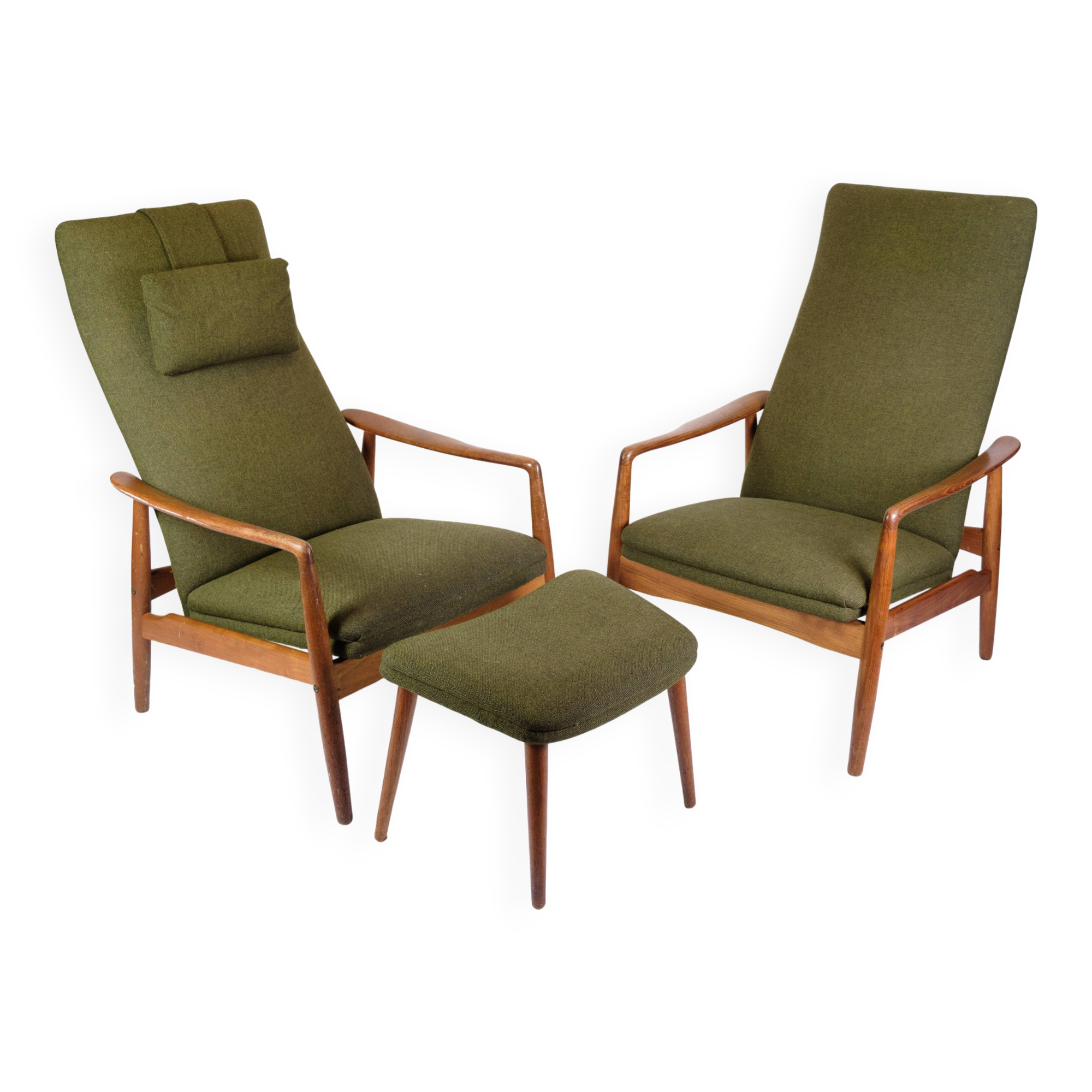 Set Of 2 Armchairs With Stool Made In Green Fabric & Teak By Alf Svensson For Fritz Hansen From 1960