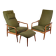 Set Of 2 Armchairs With Stool Made In Green Fabric & Teak By Alf Svensson For Fritz Hansen From 1960