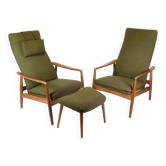 Set Of 2 Armchairs With Stool Made In Green Fabric & Teak By Alf Svensson For Fritz Hansen From 1960