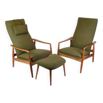 Set Of 2 Armchairs With Stool Made In Green Fabric & Teak By Alf Svensson For Fritz Hansen From 1960