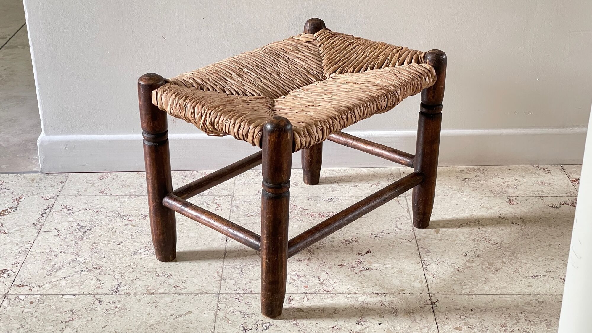 Stool bench wood and straw vintage bohemian spirit