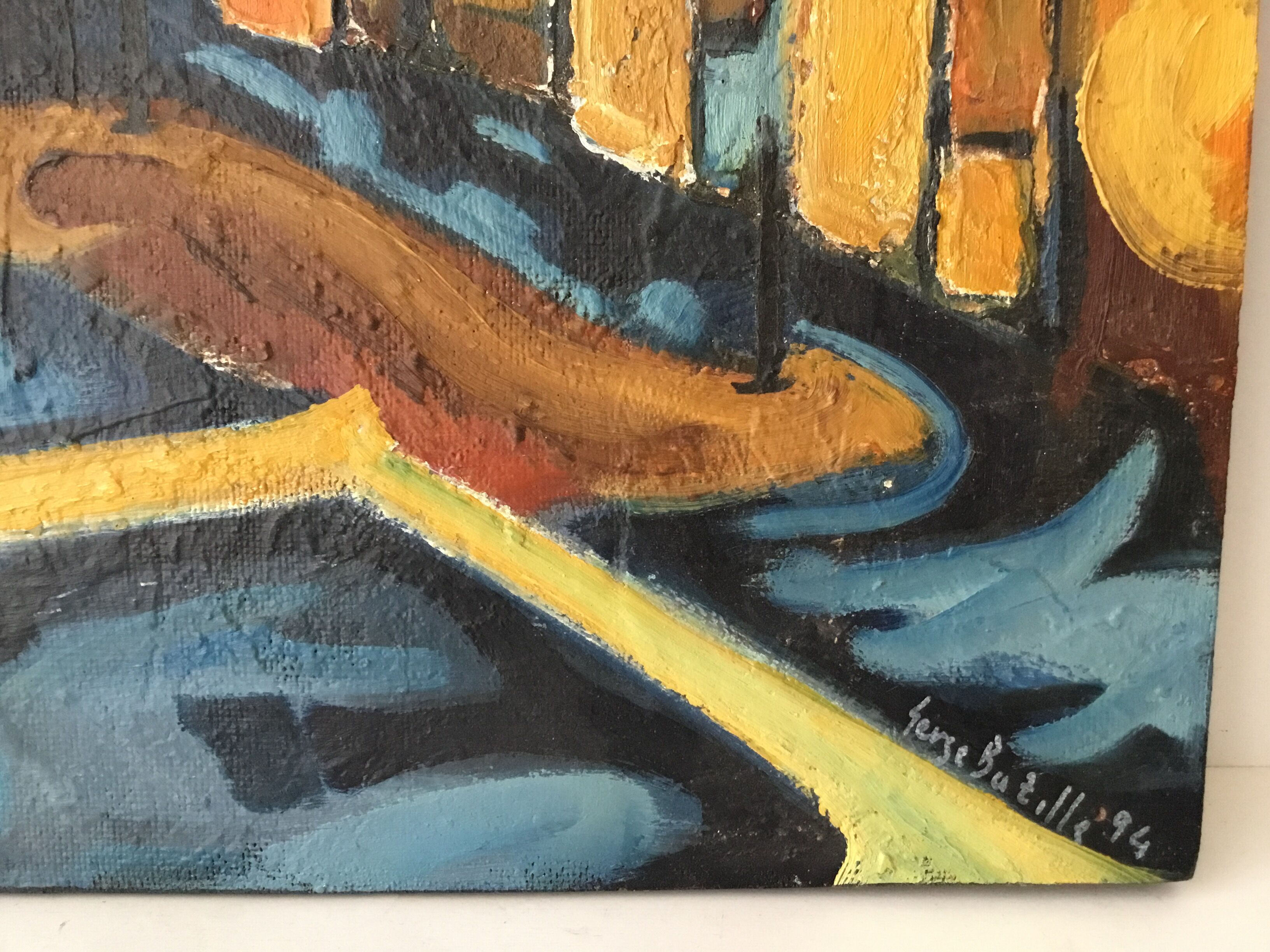 Painting painted on wood "village under the storm"