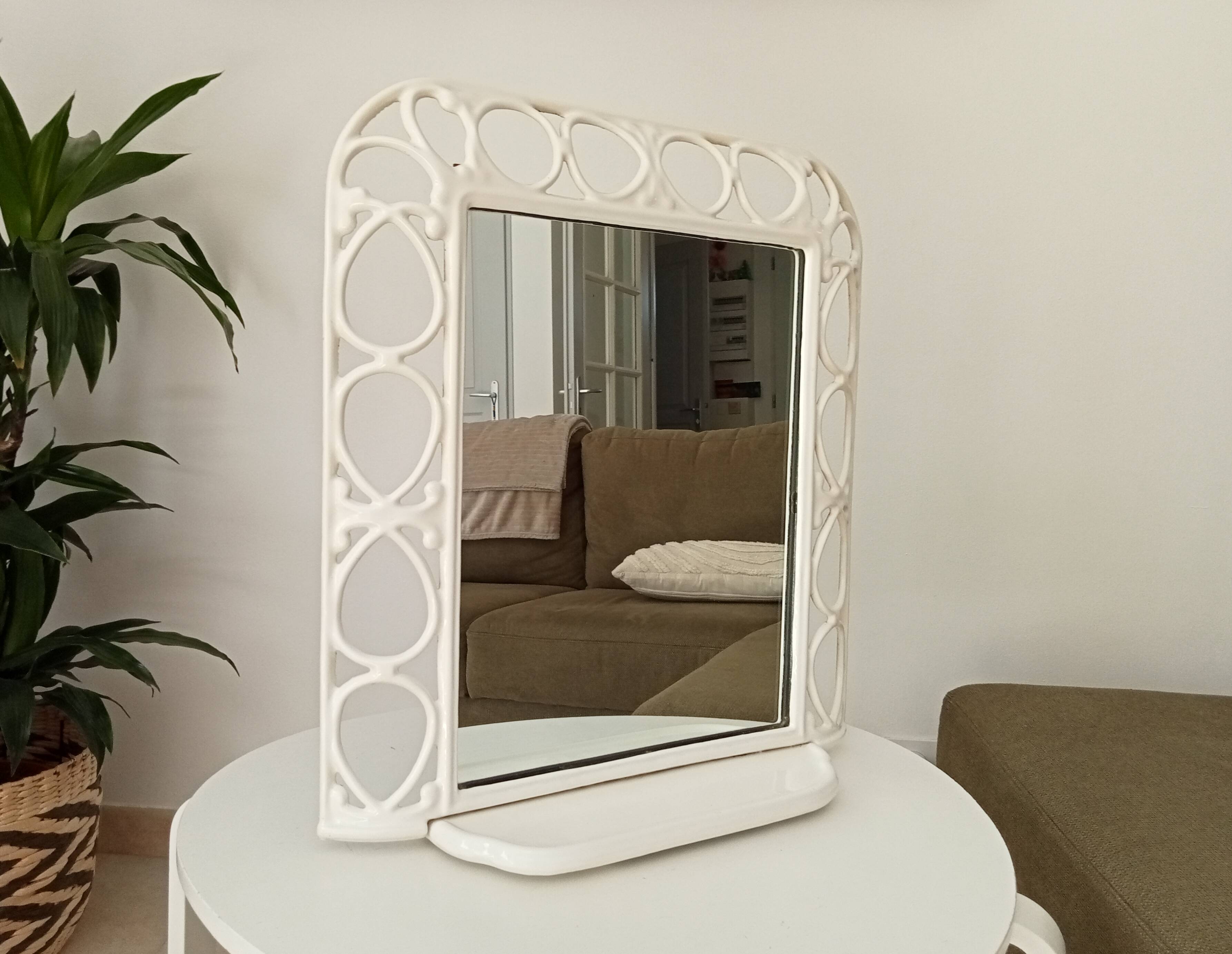 Antique 1930s enamelled cast iron shelf mirror