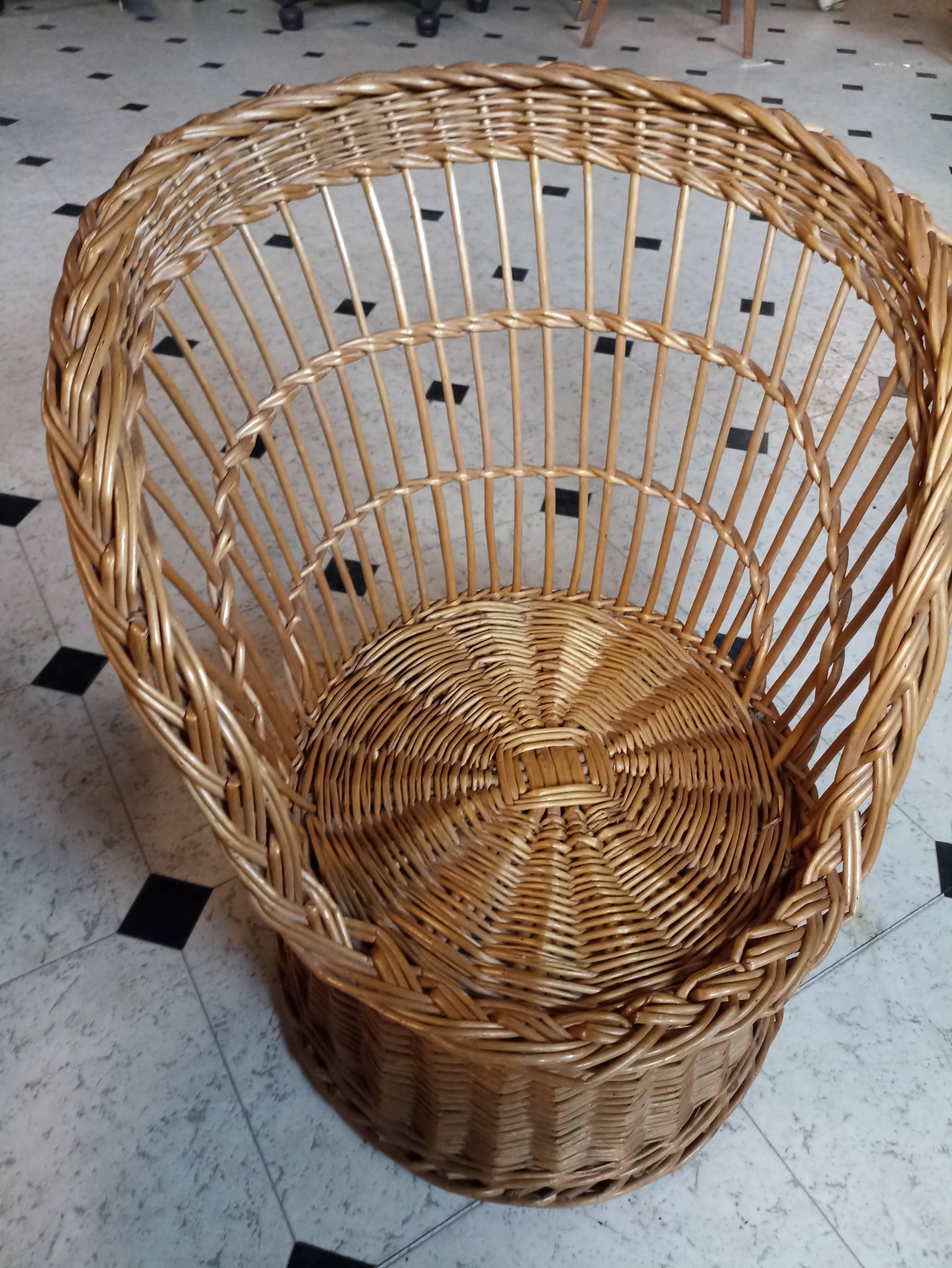 Set of 2 vintage 1970s rattan children's armchairs with orange cushions
