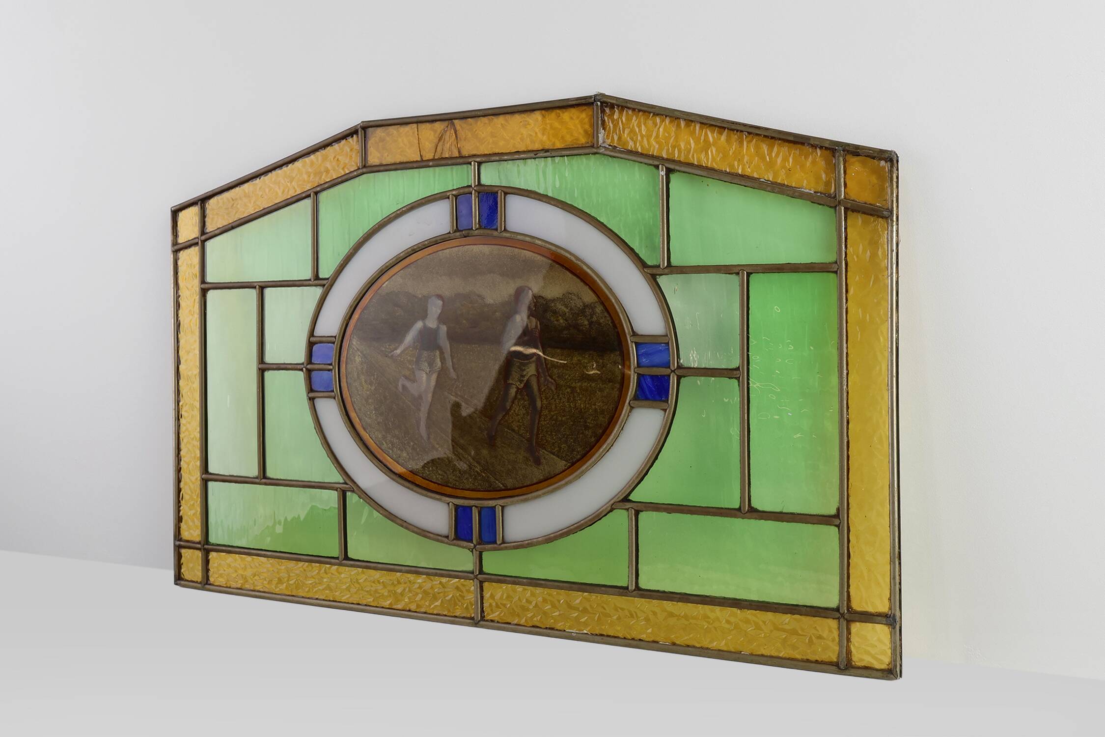 Art Deco Stained Glass Panel Depicting Runners in Motion, Belgium ca. 1910
