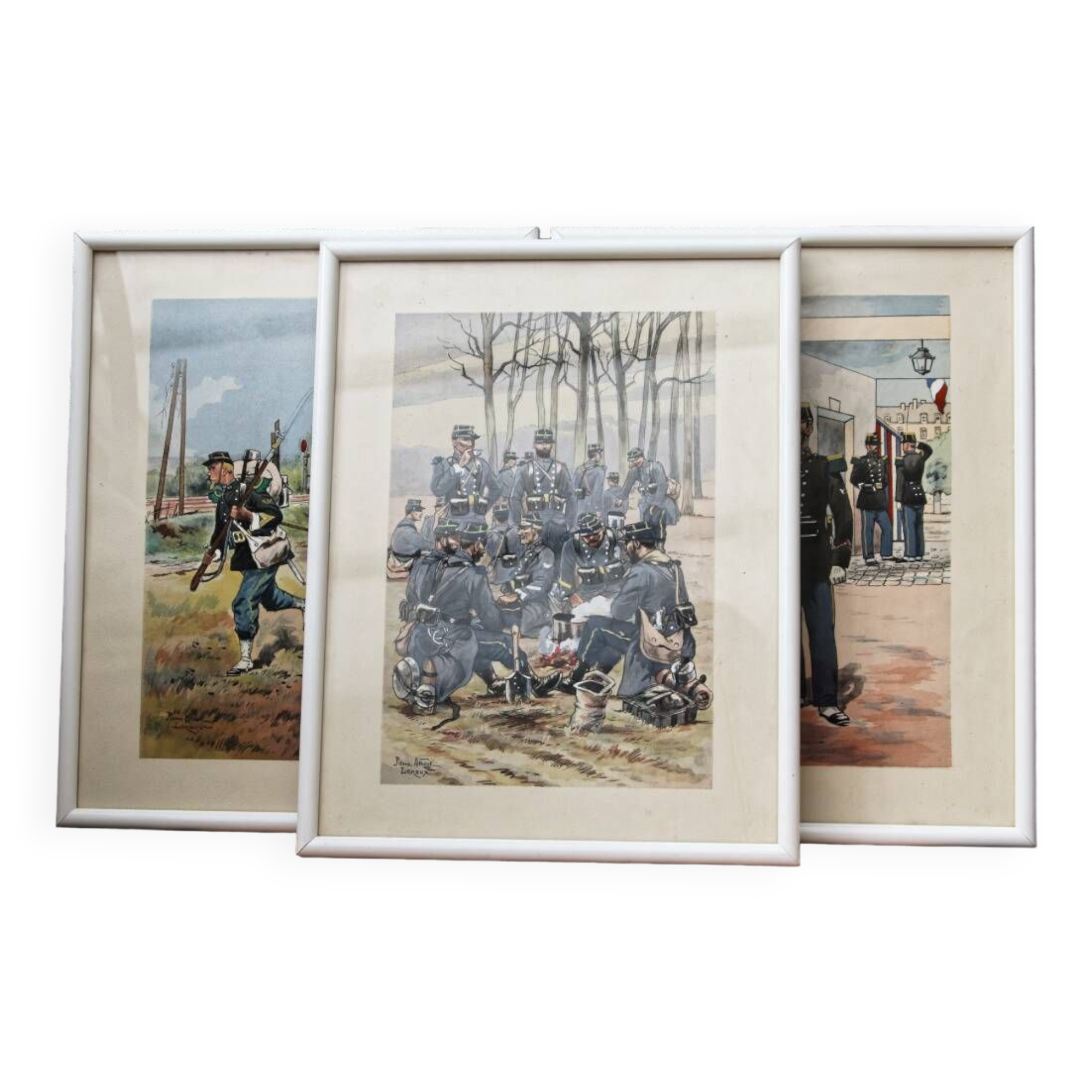 Set of 3 military drawings, watercolor and gouache by Pierre Albert Leroux