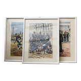 Set of 3 military drawings, watercolor and gouache by Pierre Albert Leroux