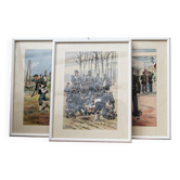 Set of 3 military drawings, watercolor and gouache by Pierre Albert Leroux