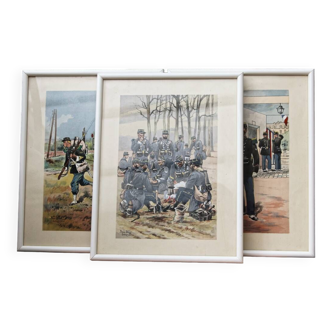 Set of 3 military drawings, watercolor and gouache by Pierre Albert Leroux