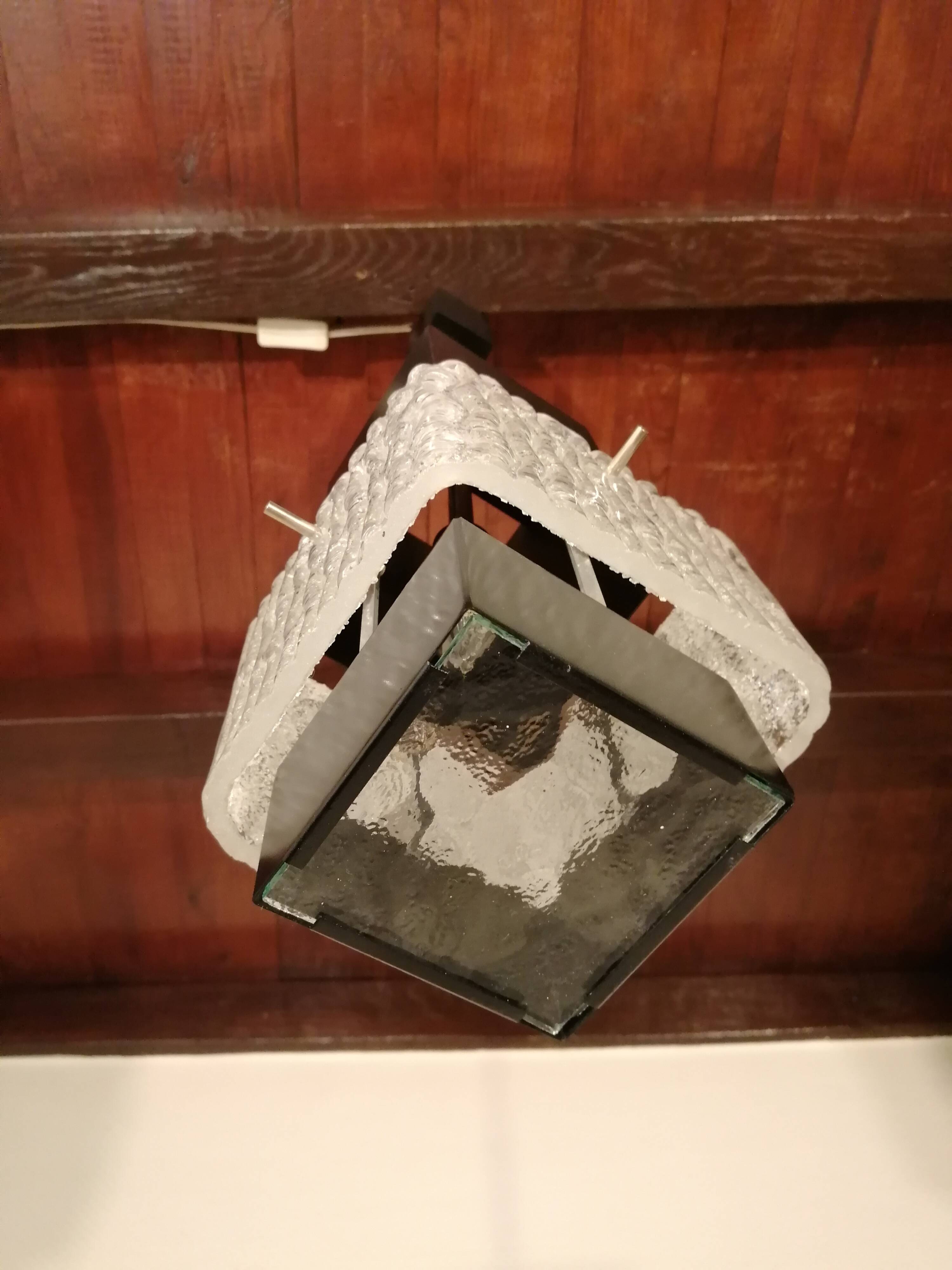 Vintage metal and glass cubic chandelier from Maison Arlus 1960.