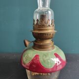 French vintage oil lamp with majolica and glass base