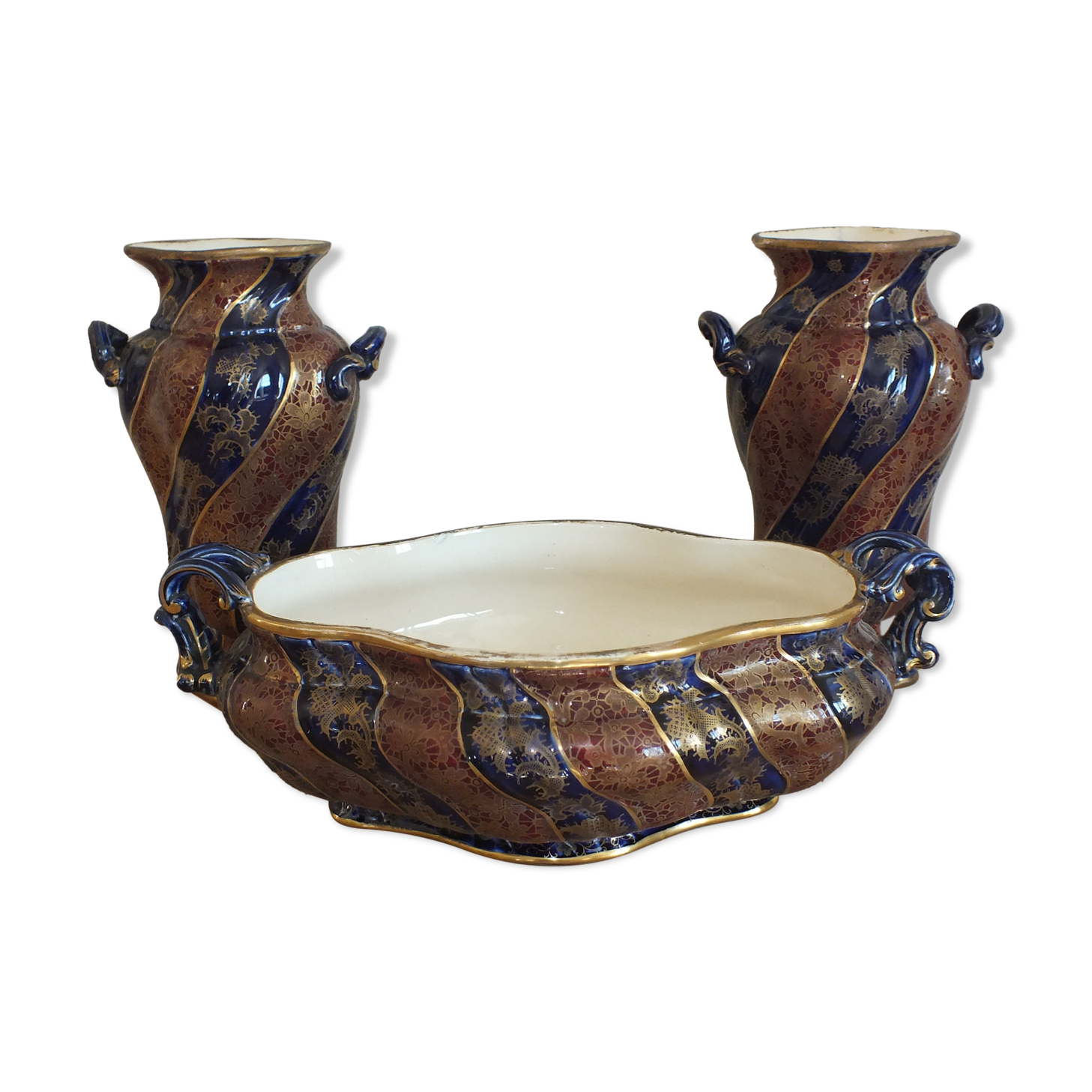 Sarreguemines trim 3 pcs Planter & vases blue, burgundy and gold