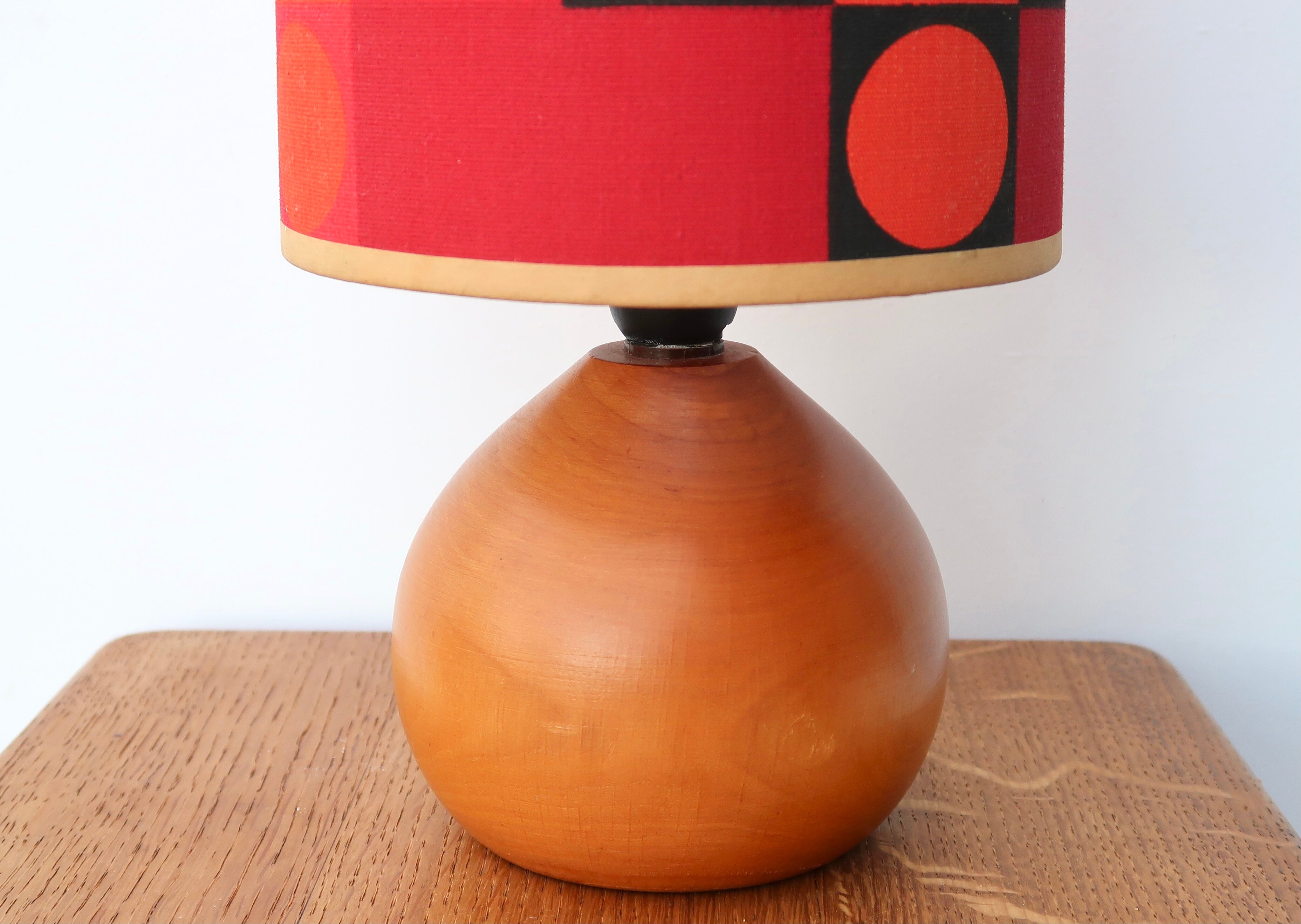 Wooden lamp, lampshade graphic fabric, 70s