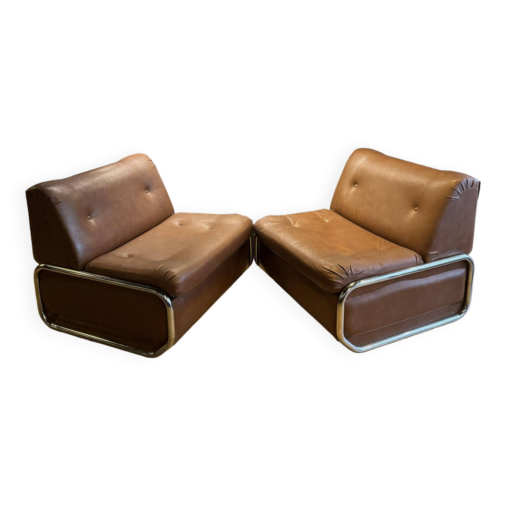 Pair of vintage low chairs, chrome and brown, France 1970
