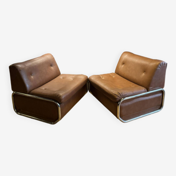 Pair of vintage low chairs, chrome and brown, France 1970