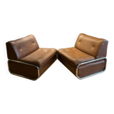 Pair of vintage low chairs, chrome and brown, France 1970
