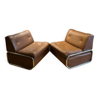 Pair of vintage low chairs, chrome and brown, France 1970