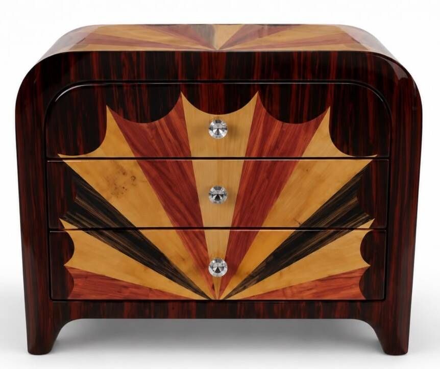 An Art Deco bedside table made of beech wood, rosewood & elm burl.