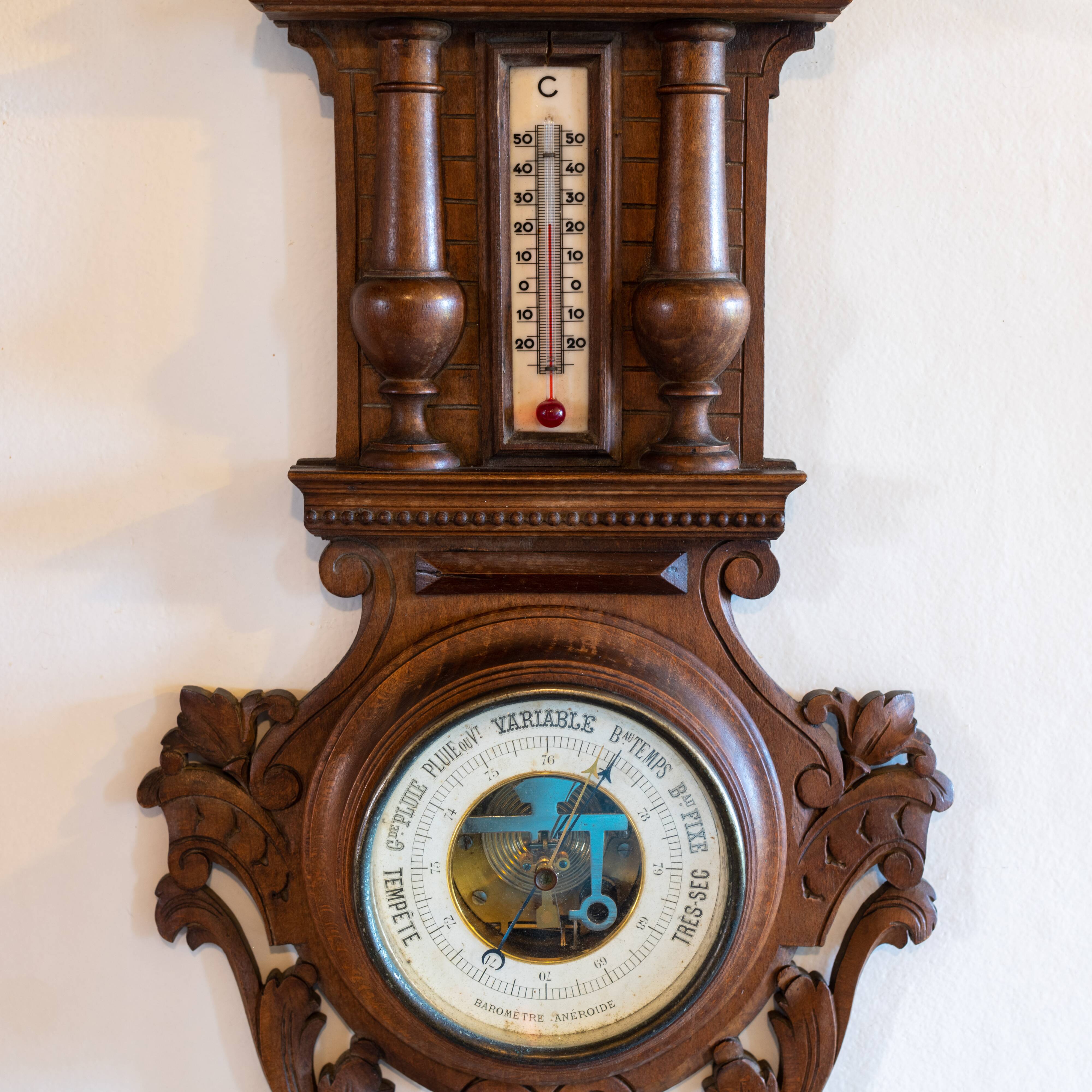Henri II barometer and thermometer in carved wood