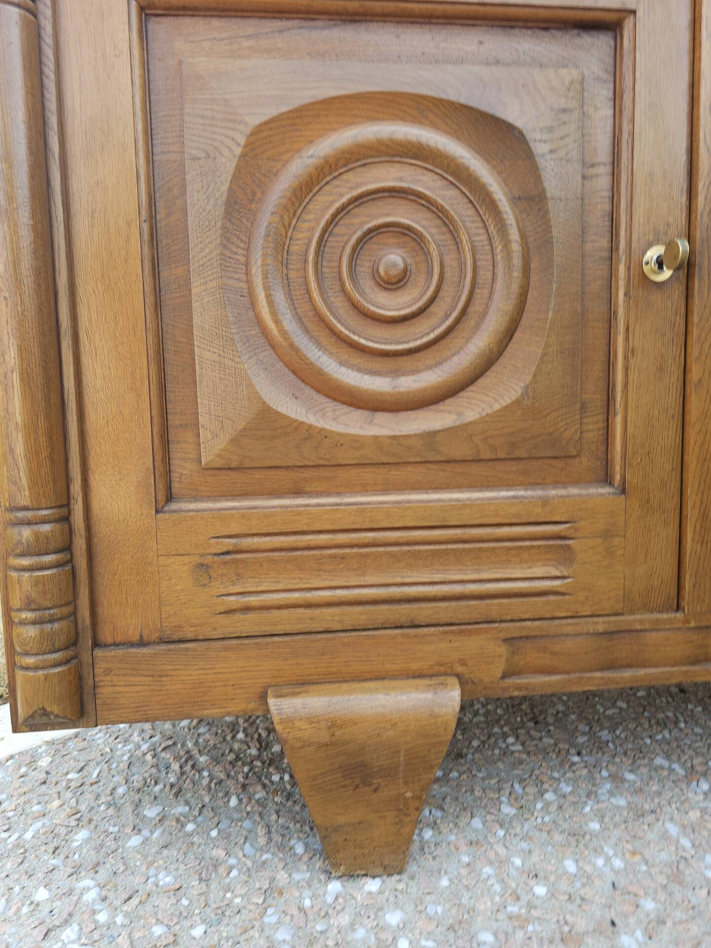 Solid oak sideboard, brutalist and Art Deco work, mid-century.