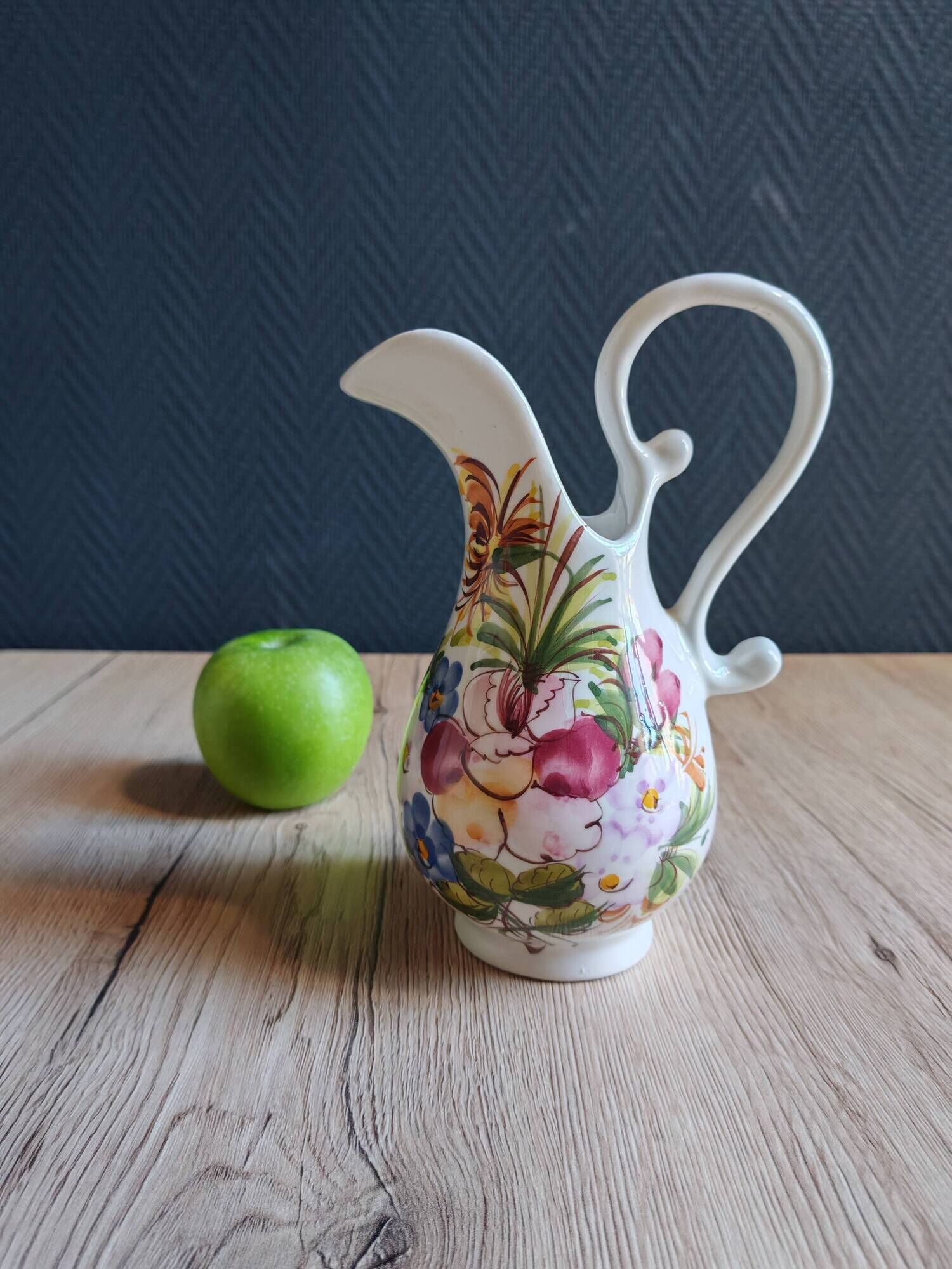 Vintage Ceramic Jug Hand-Painted Multicoloured Floral Decor, Ewer