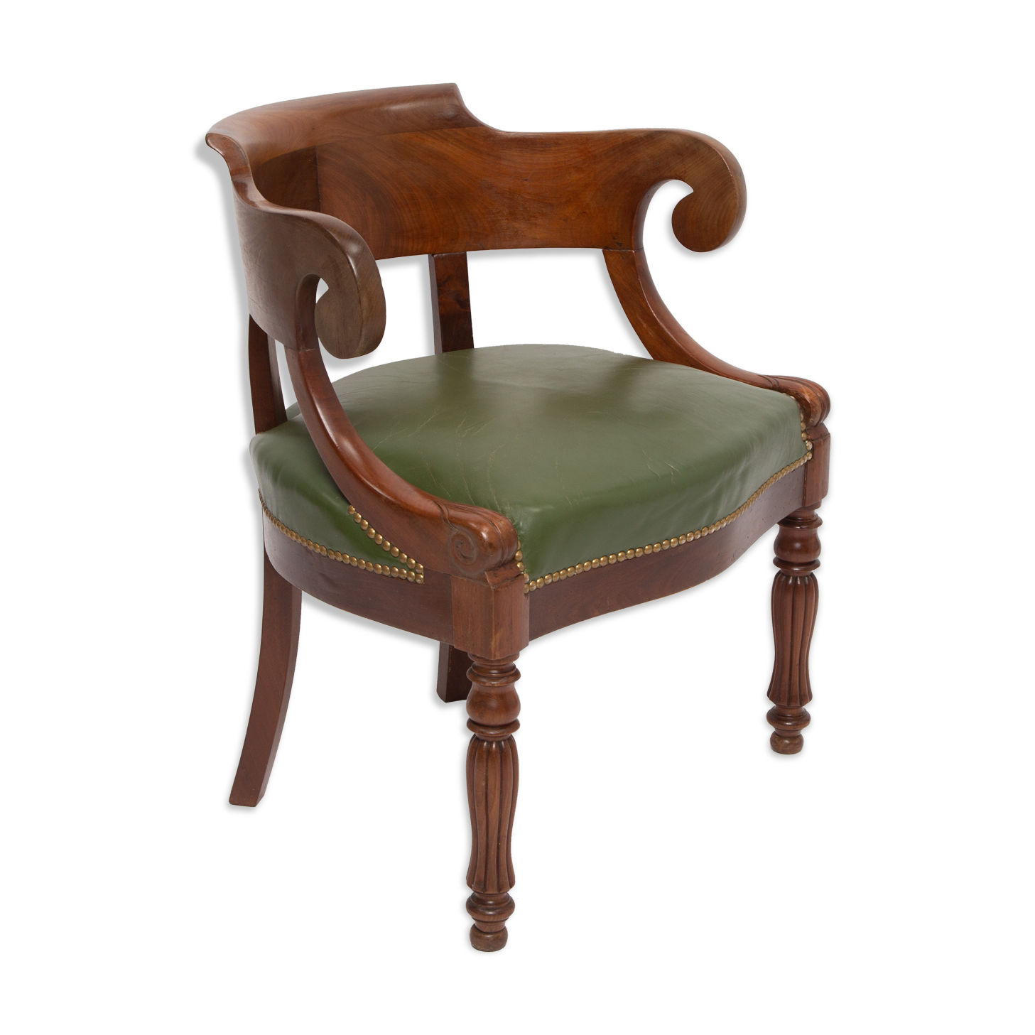 Louis Philippe gondola office chair green leather and wood
