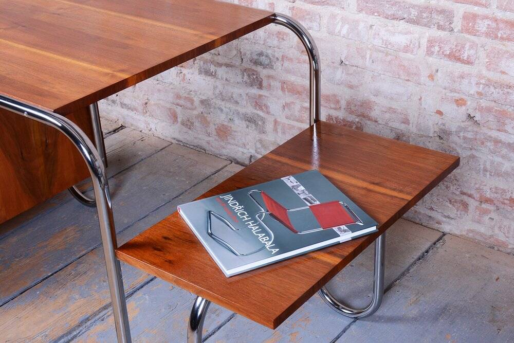 Czech Bauhaus Writing Desk in Walnut and Chrome attributed to Robert Slezak for Slezak Factories, 1940s