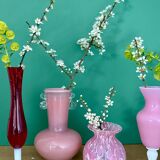 Set of 5 antique vases/soliflores in opaline and pink and red glass.