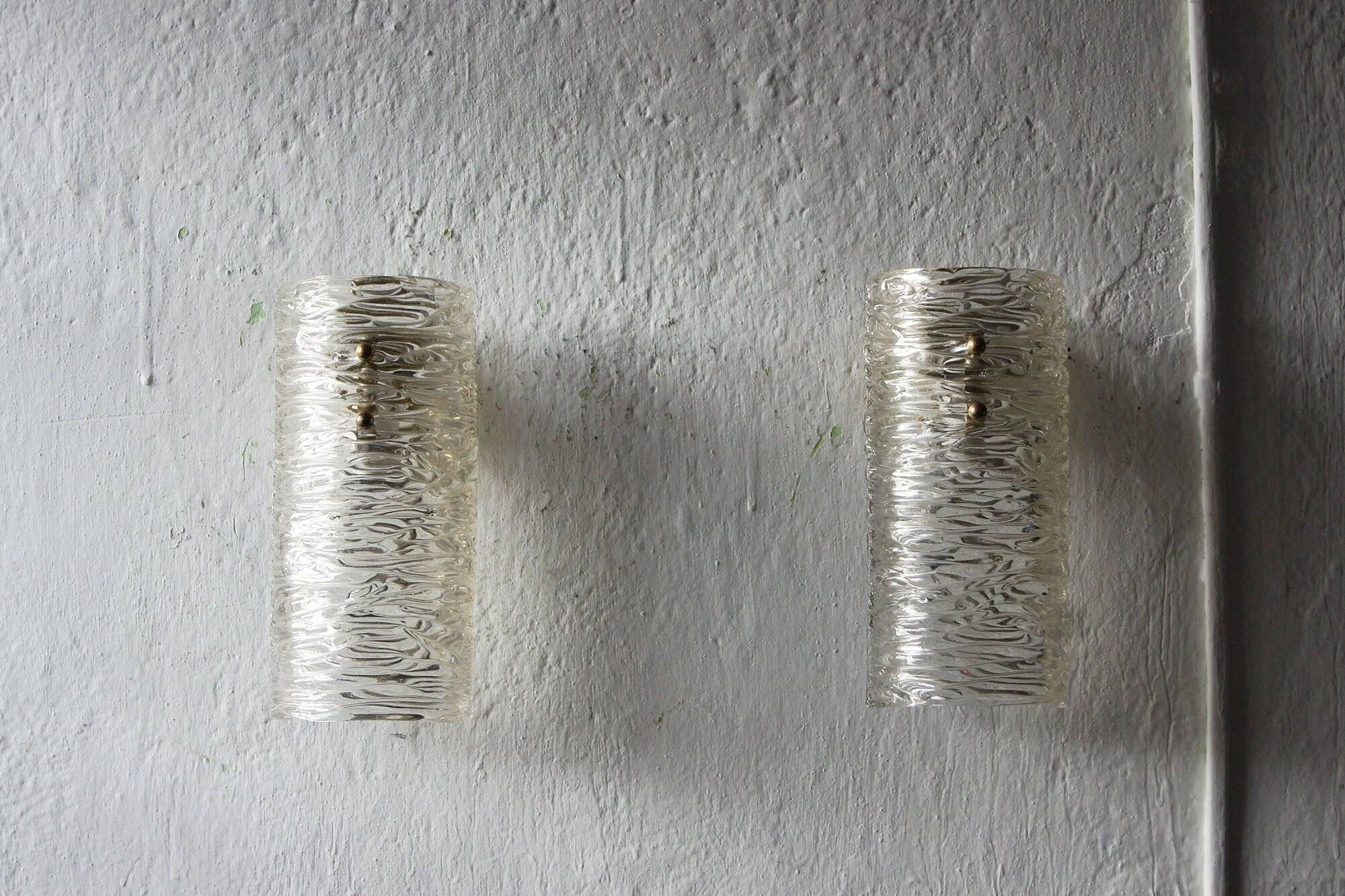 Vintage Textured Glass and Brass Wall Sconces by J. T. Kalmar, Set of 2