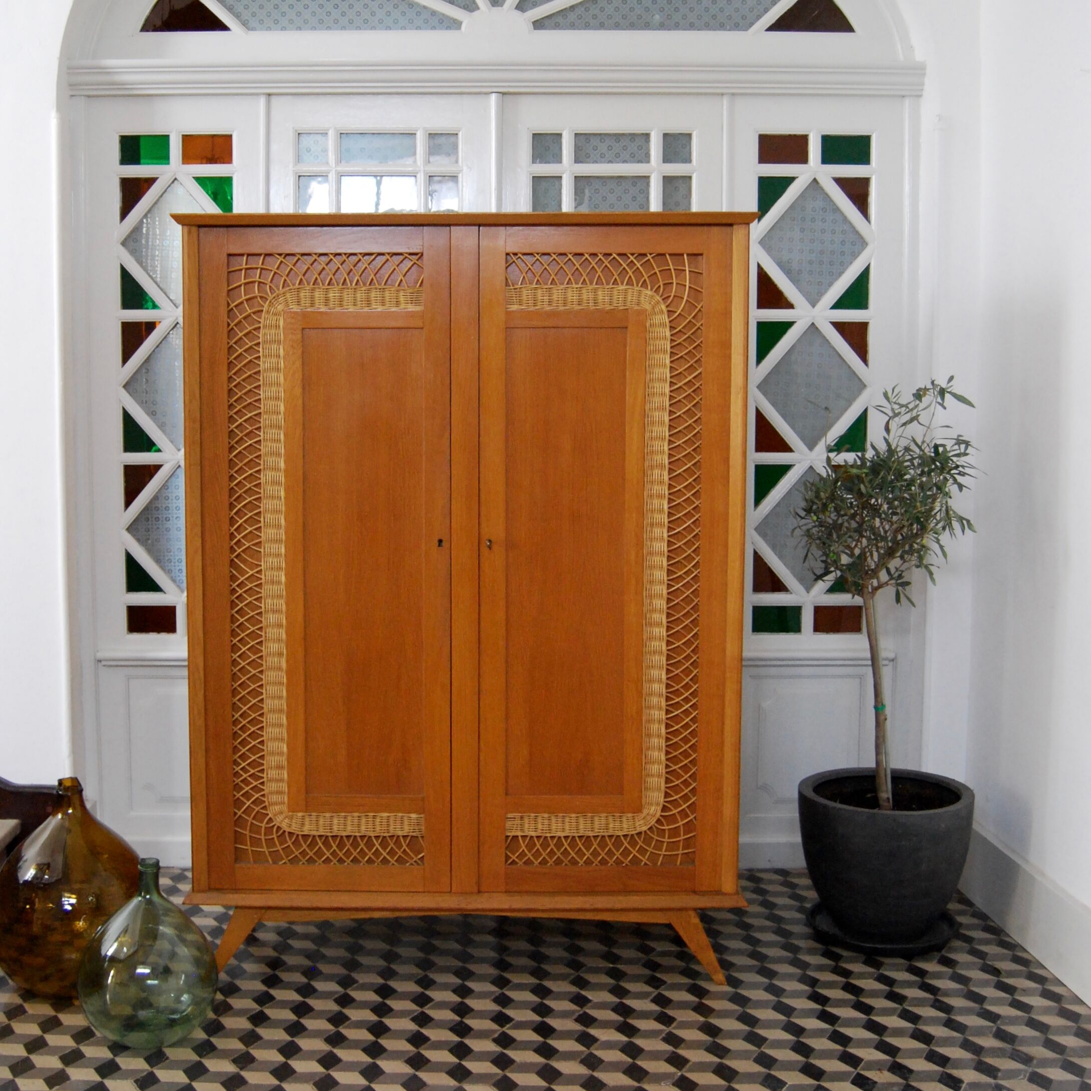 Cabinet vintage wood and rattan