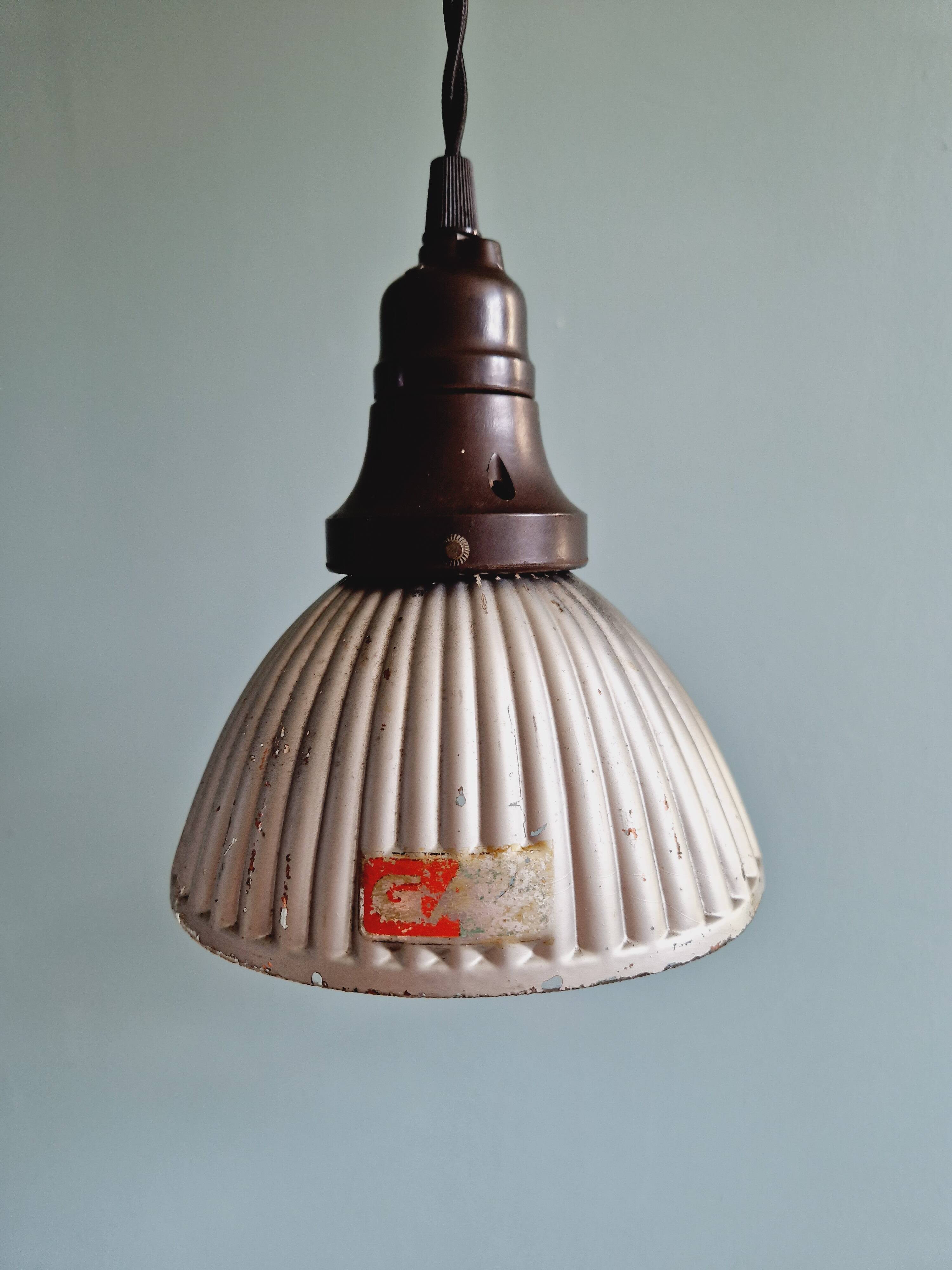 Set of 3 industrial mercury glass pendant lights, GAL (France), 1930s