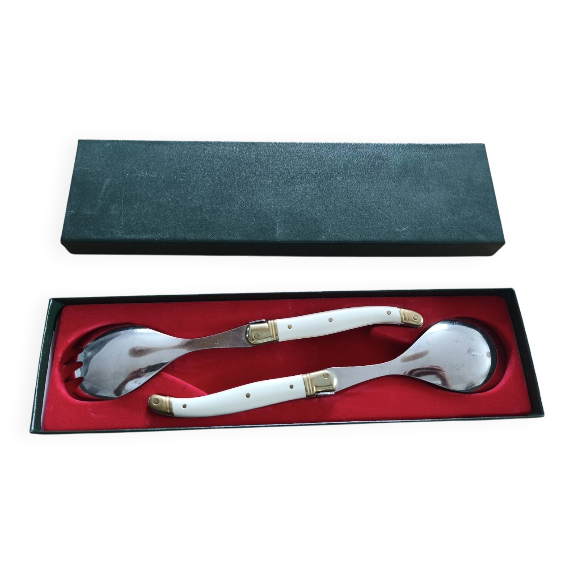 Laguiole salad service in its box – 2 pieces (White & Stainless Steel)