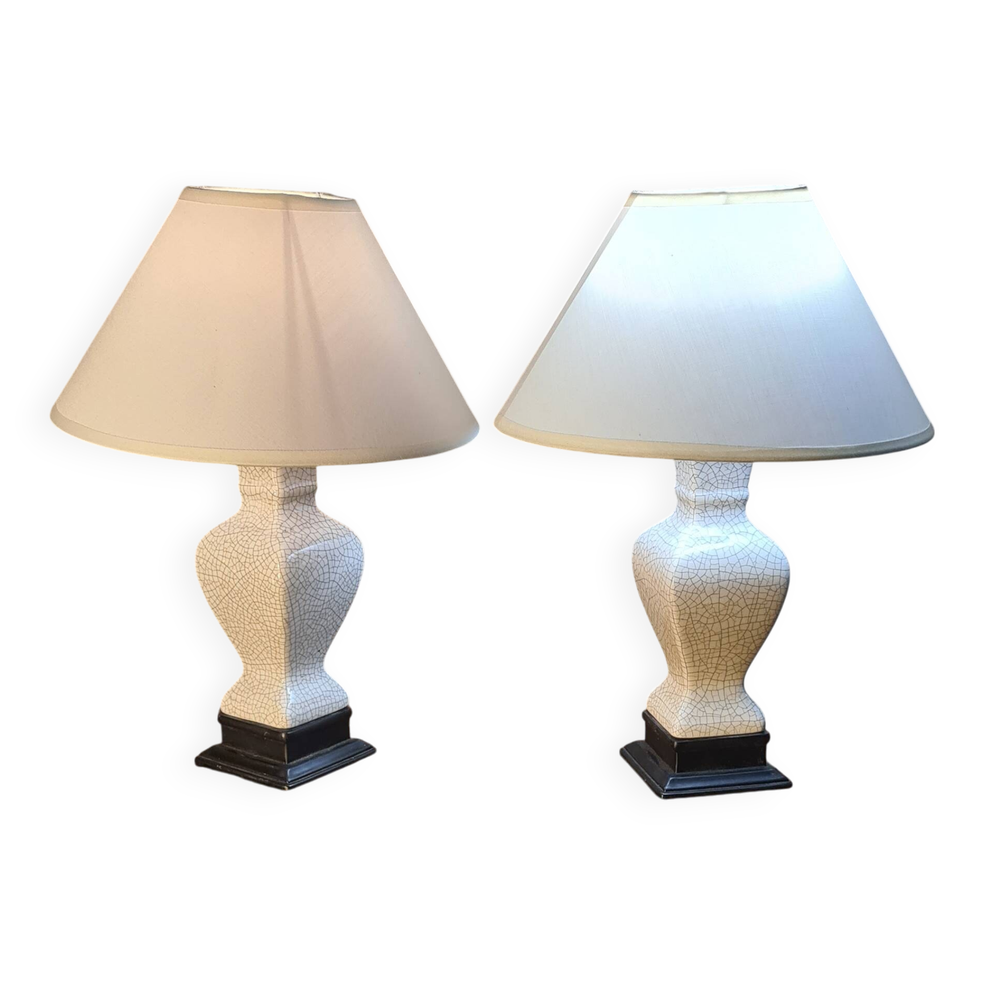 pair of cracked ceramic and wood lamps, 36x23 lampshade and electrical inter o
