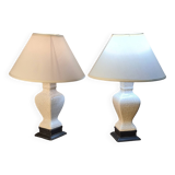 pair of cracked ceramic and wood lamps, 36x23 lampshade and electrical inter o