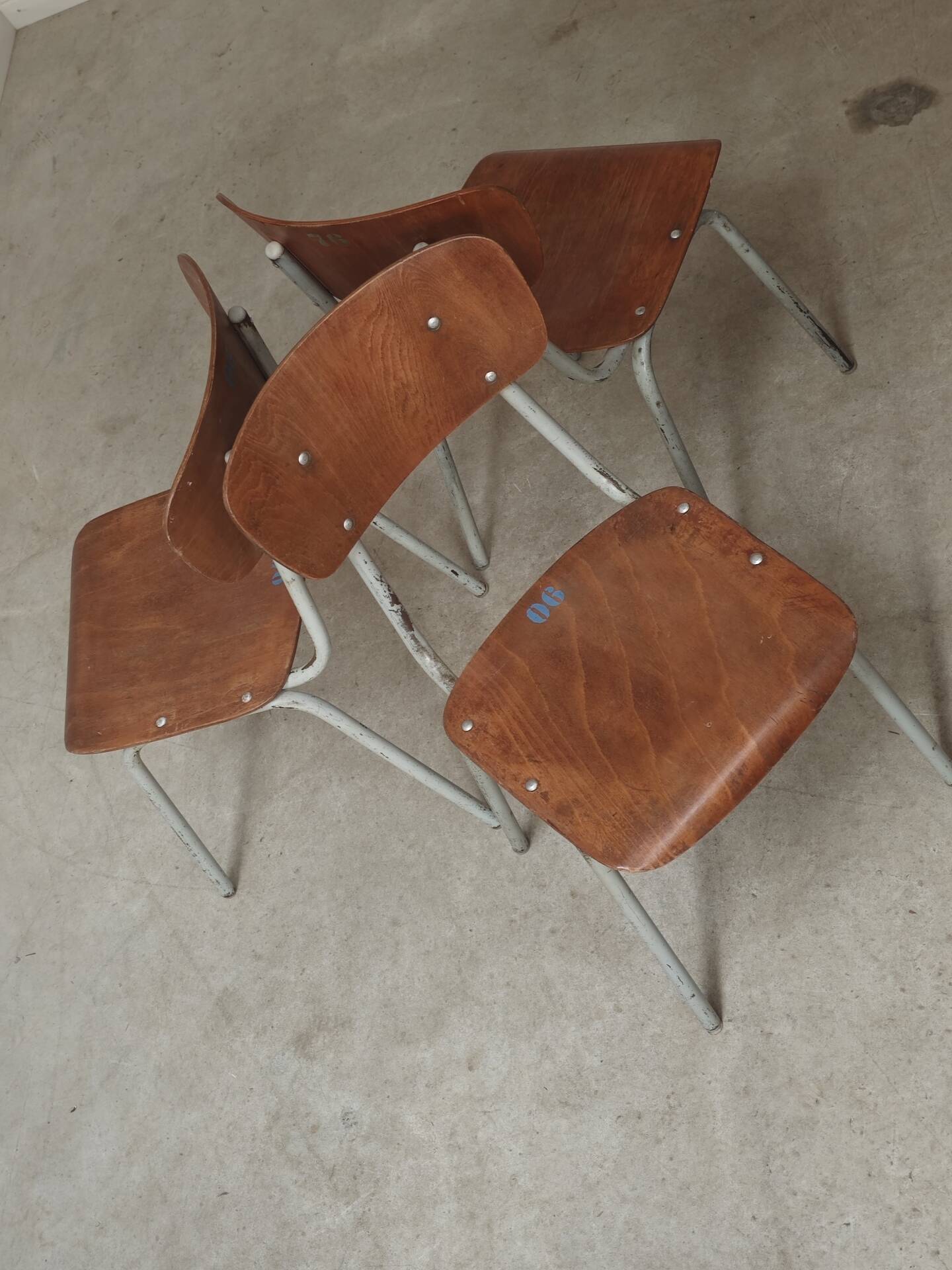 Set of 3 Czech school chairs in metal and wood.