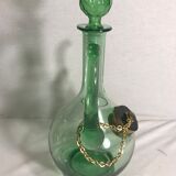 Ancien rafraîchissoir carafe verseuse en verre soufflé vert avec bouchon vintage