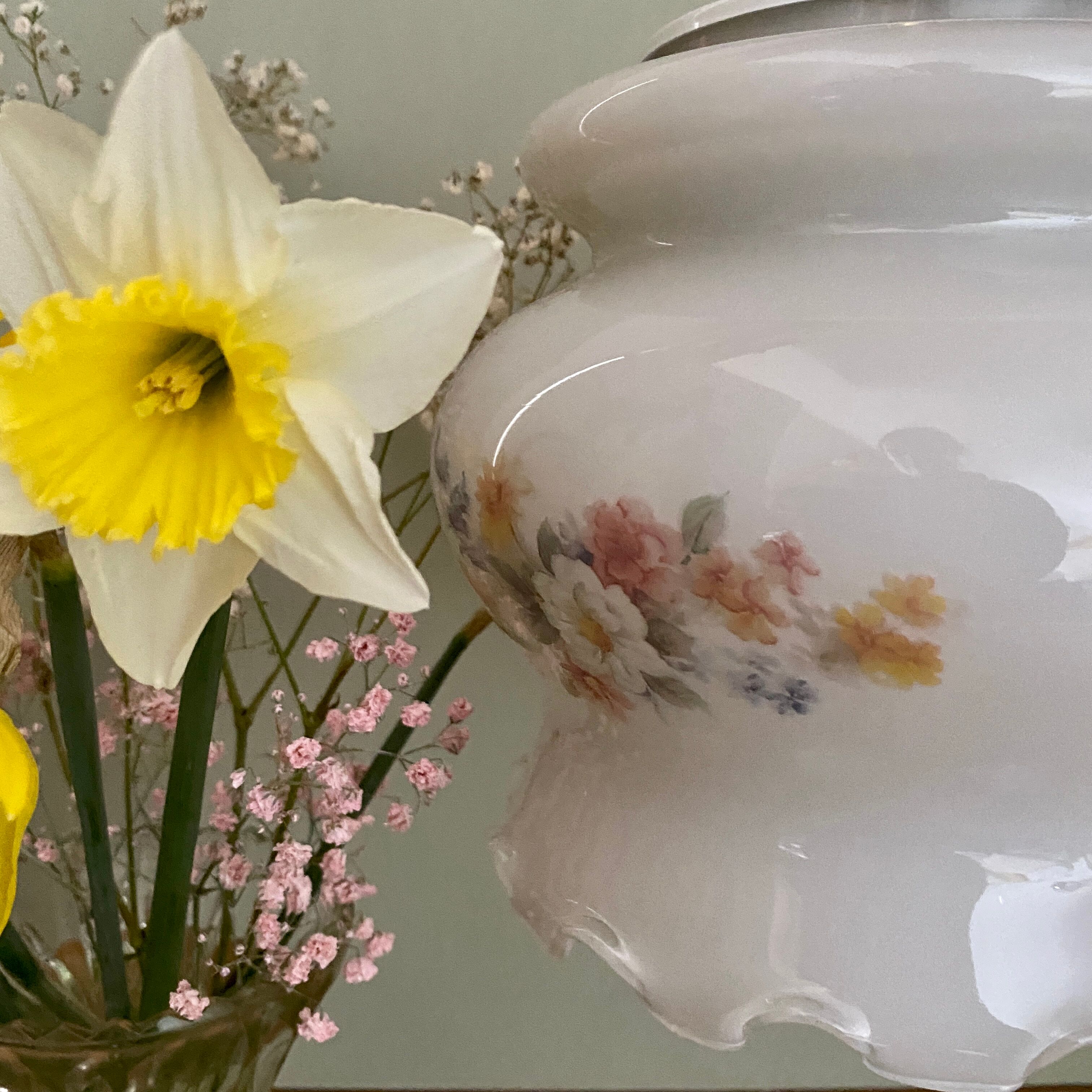 Vintage white opaline globe walker with flower designs
