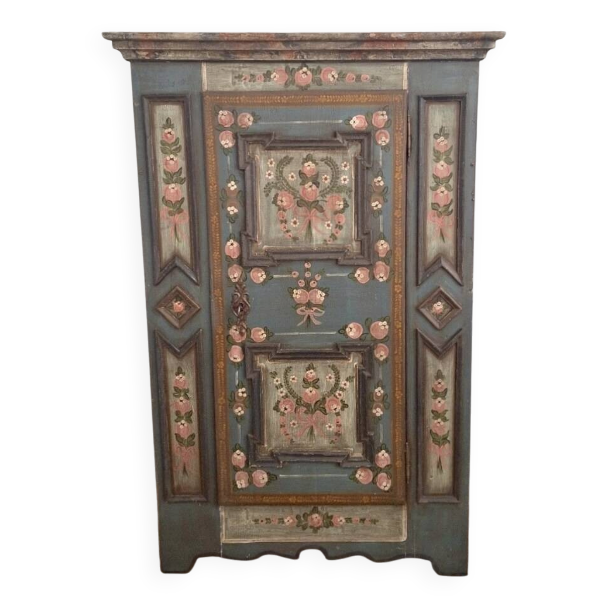 Antique blue hand-painted small Alpine wardrobe, circa 1810-20