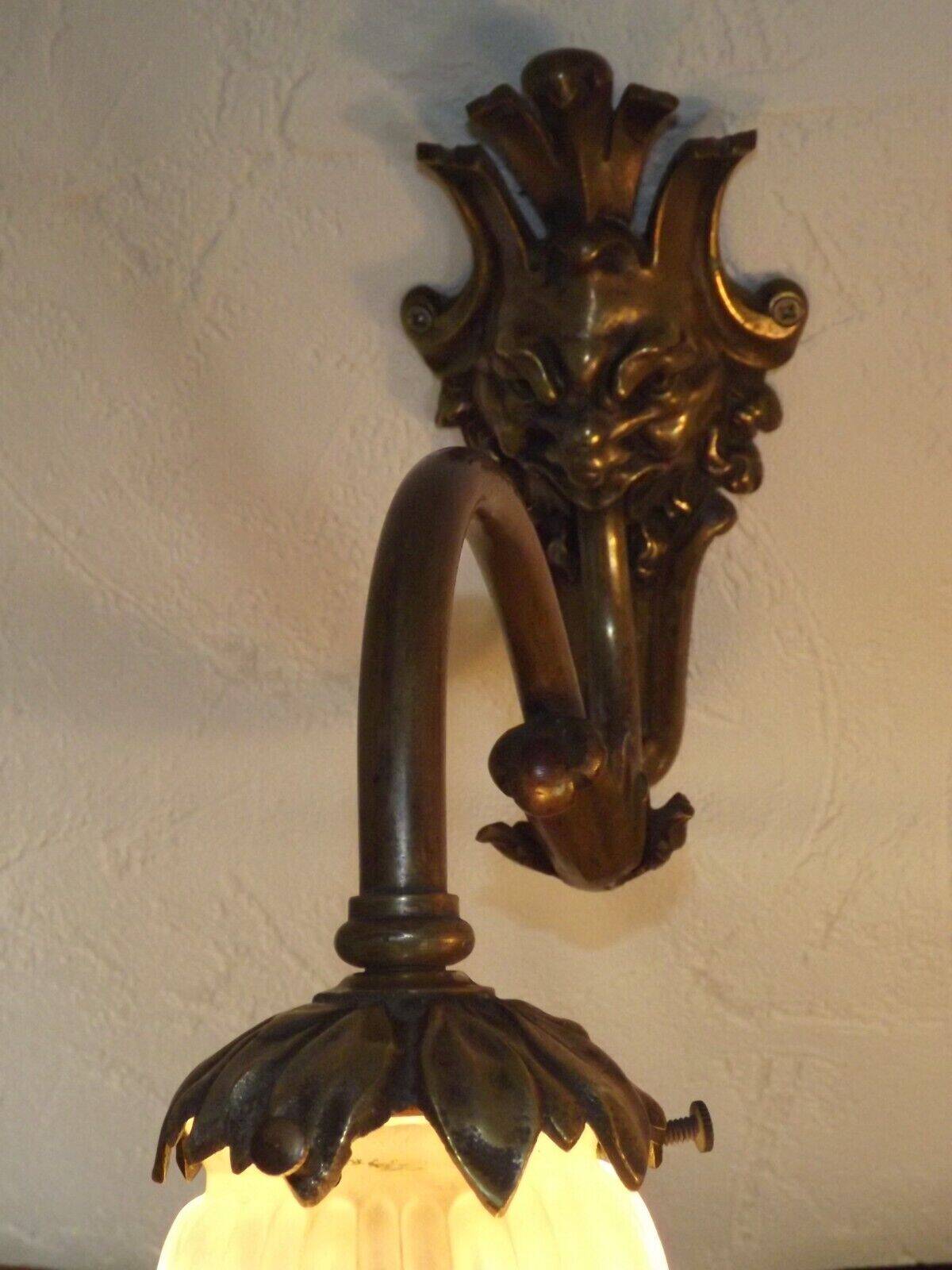 Pair French Antique Brass Greenman Single Wall Lights White Frilled Shade 4572