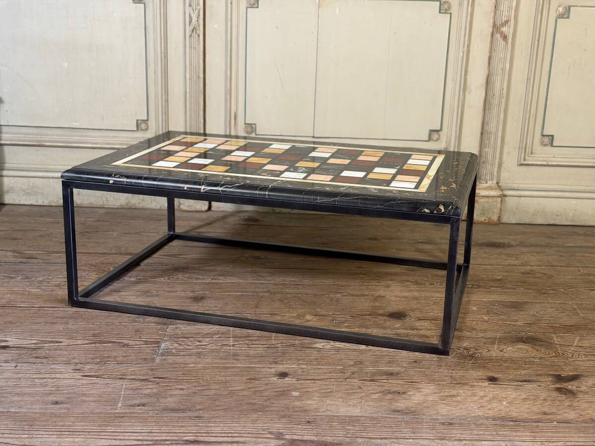 Coffee table, marble samples, custom metal base.