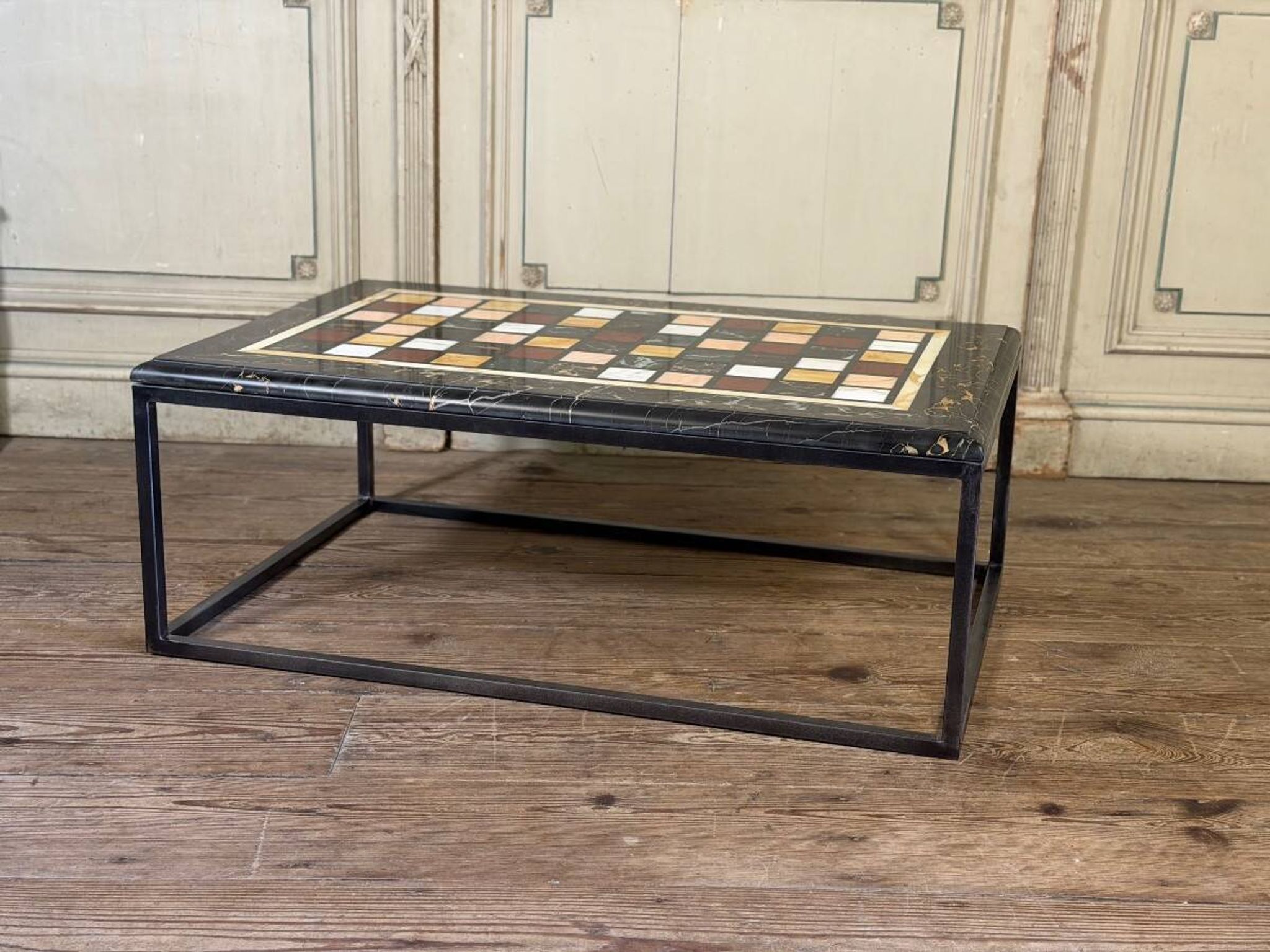 Coffee table, marble samples, custom metal base.