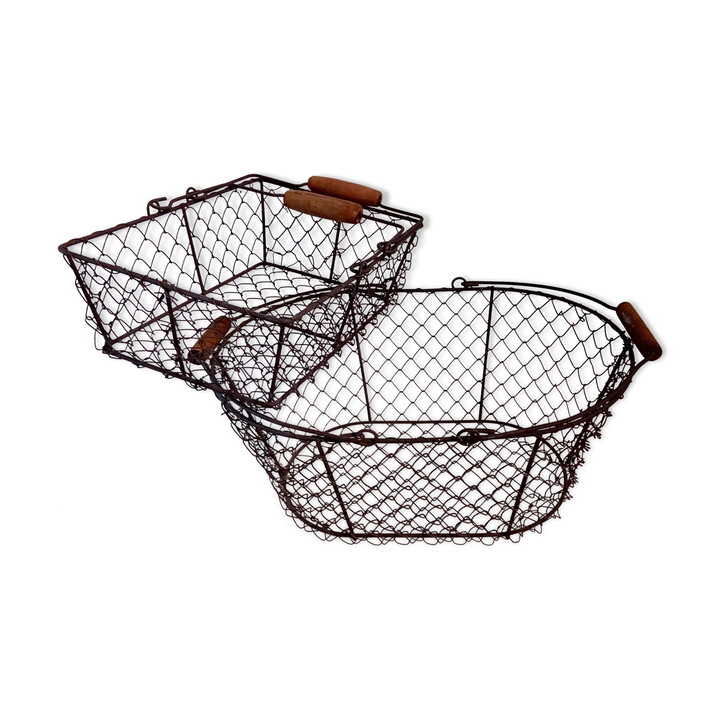 Duo of aged metal mesh baskets