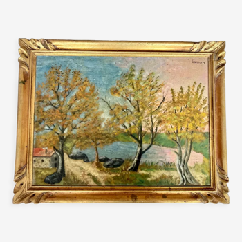 Peinture à l’huile, années 1930 français à bord de riverscape dans le nord de la France, landscape vintage original