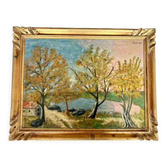 1930s French oil painting on board riverscape in Northern France, landscape vintage original