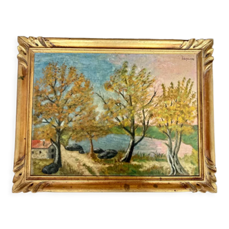 Peinture à l’huile, années 1930 français à bord de riverscape dans le nord de la France, landscape vintage original