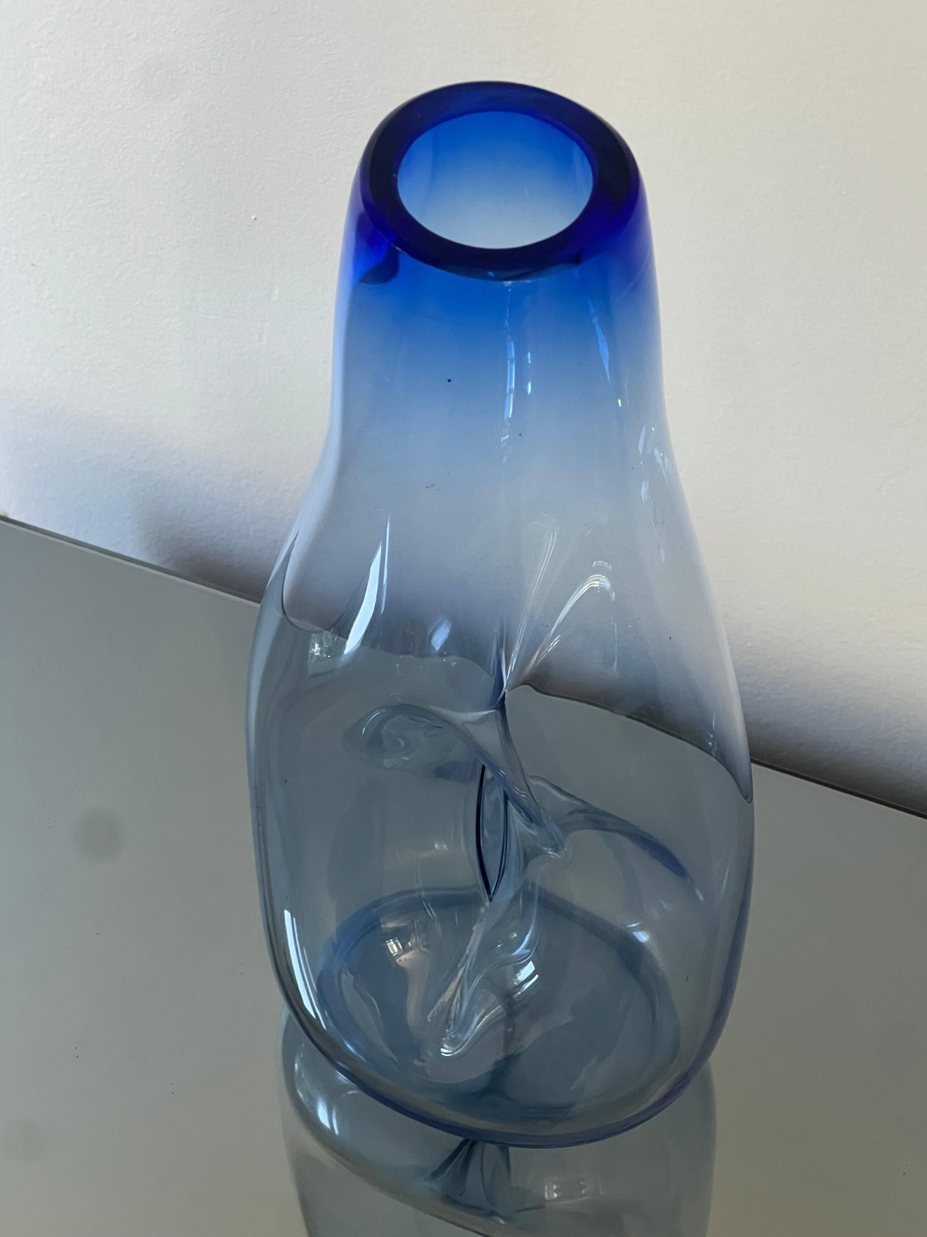 Beautiful Vintage Murano Modern Vase, Blue and Clear Glass, 1970's