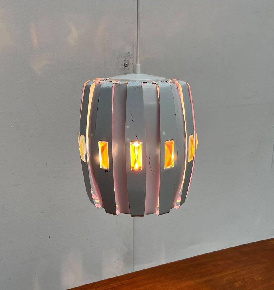 Metal pendant lamp and prism model in white mid-century by Werner Schou for Coronell Elektro, Denmark, 1960s.